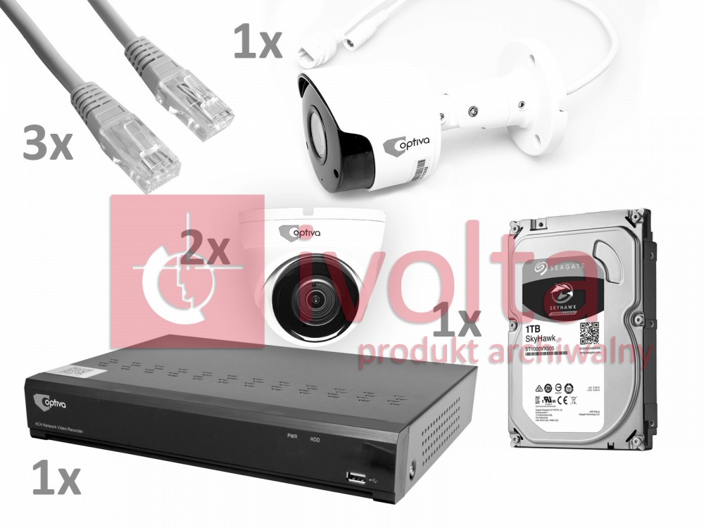 Zestaw monitoringu IP 3 kamery 2 Mpix, rejestrator 4 kanałowy z wbudowanym PoE Optiva