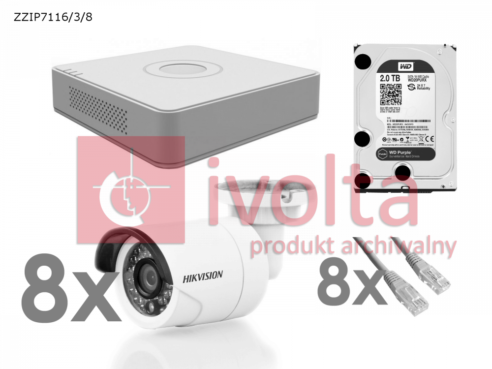 Zestaw monitoringu, 8 kamer IP 2Mpix wewnętrzne, rejestrator z POE i dyskiem 2TB, 8x patchcord 10m