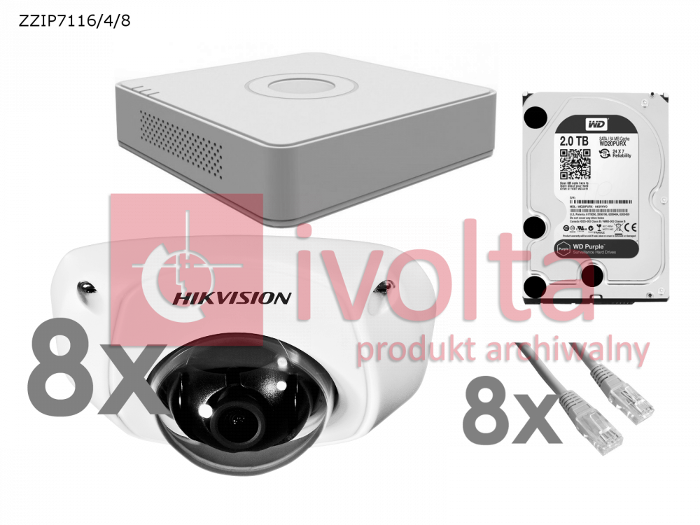 Zestaw monitoringu, 8 kamer IP 2Mpix zewnętrzne, rejestrator z POE i dyskiem 2TB, 8x patchcord 10m