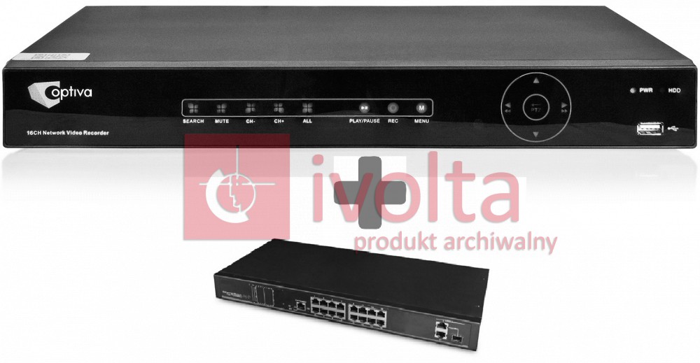 Rejestrator NVR OPTIVA, 16x kan, VGA/HDMI, pasmo 200Mb/s + Switch OPTIVA PoE ,16xPoE/PoE+ ZZVOBNVR4016+VONT-SP1116 OPTIVA2B
